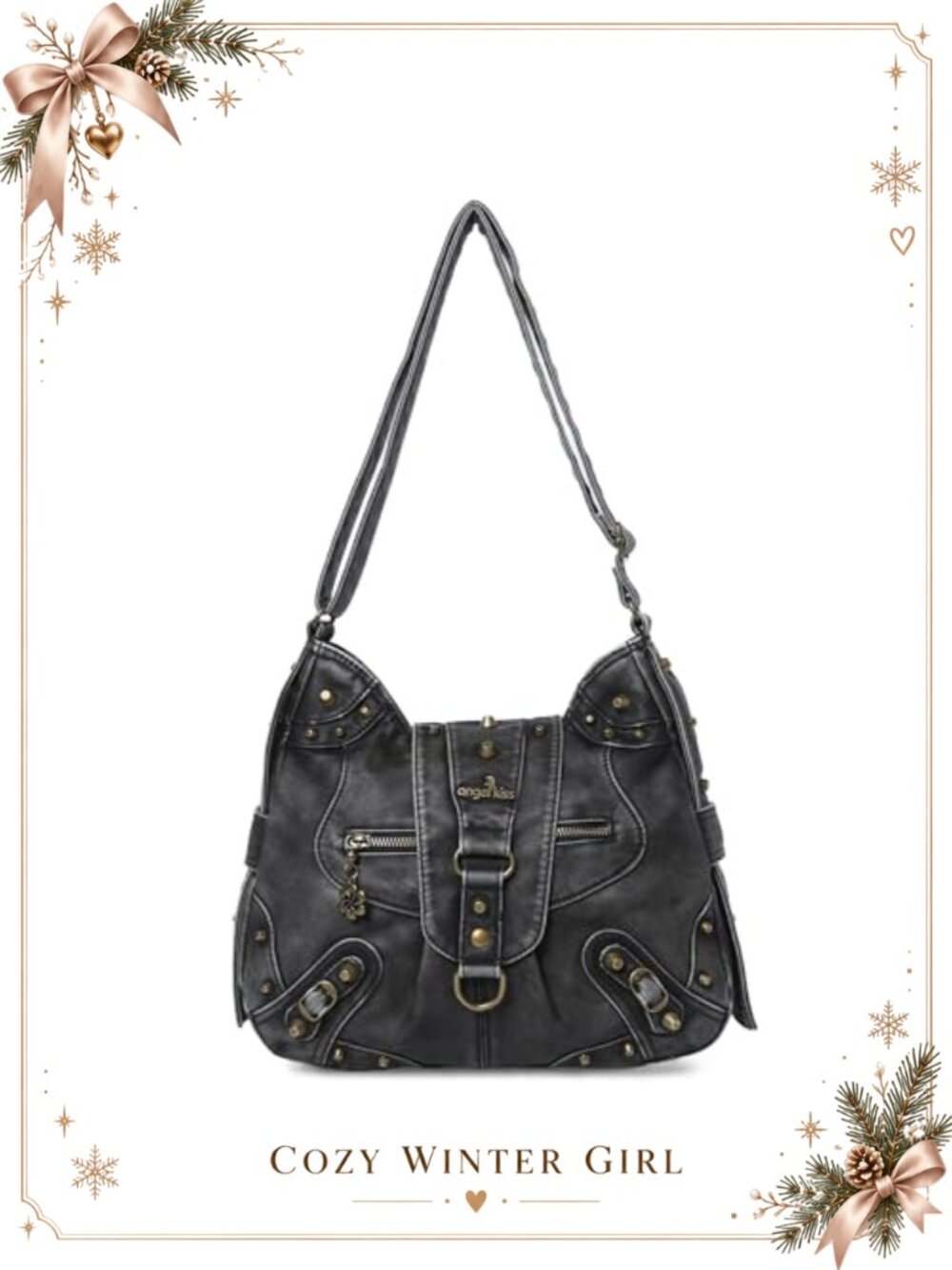 Studded Vegan Leather Hobo Shoulder Bag Crossbody Purse Roomy
